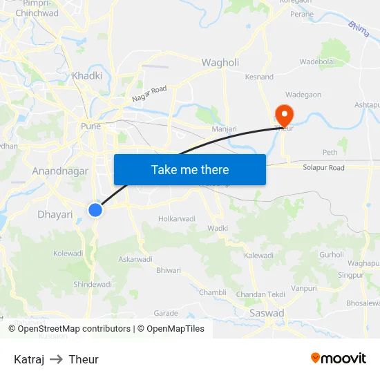 Katraj to Theur map