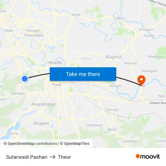 Sutarwadi Pashan to Theur map