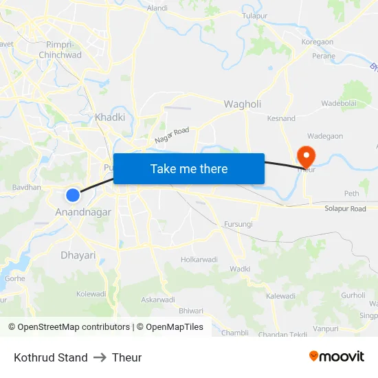 Kothrud Stand to Theur map