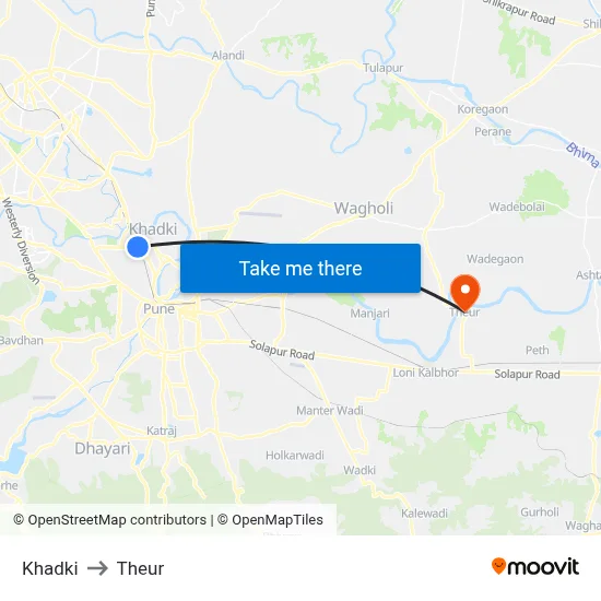 Khadki to Theur map