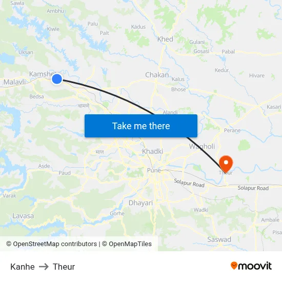 Kanhe to Theur map