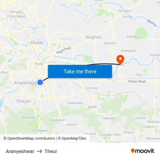 Aranyeshwar to Theur map