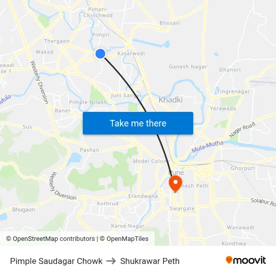 Pimple Saudagar Chowk to Shukrawar Peth map
