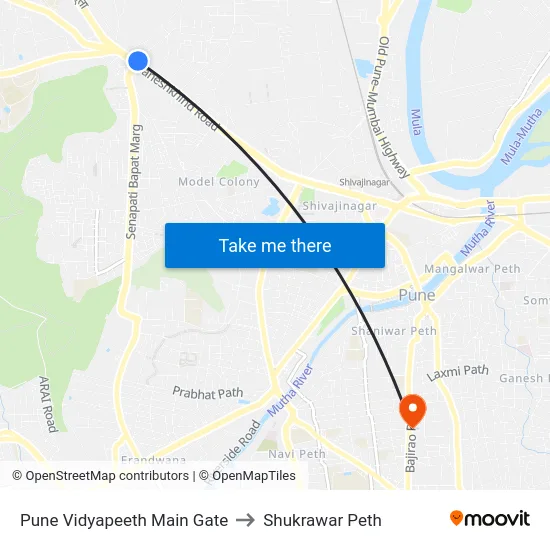 Pune Vidyapeeth Main Gate to Shukrawar Peth map