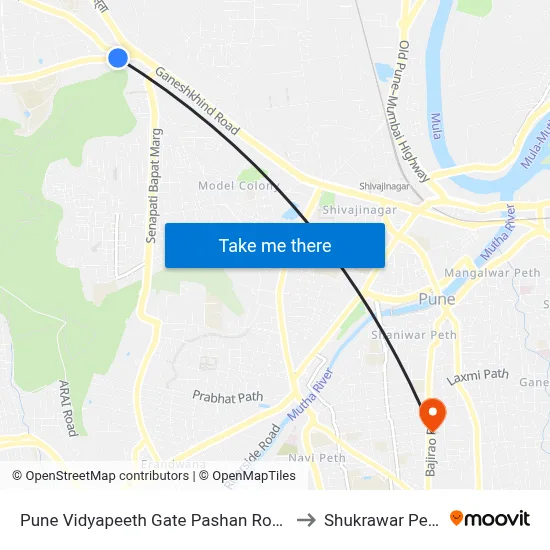Pune Vidyapeeth Gate Pashan Road to Shukrawar Peth map