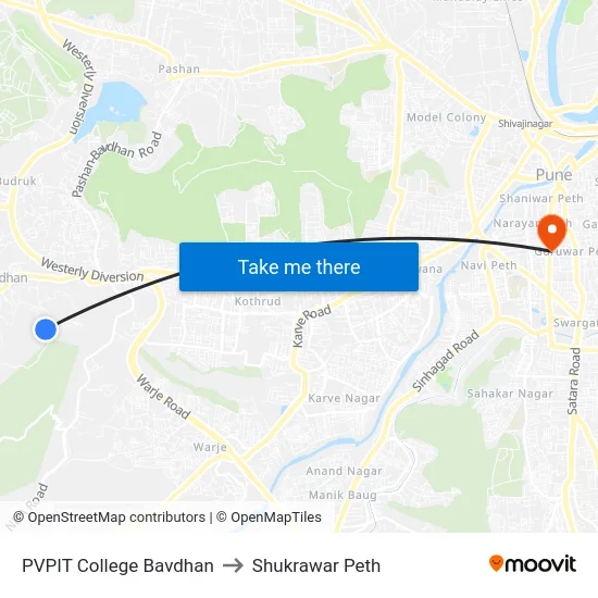 PVPIT College Bavdhan to Shukrawar Peth map