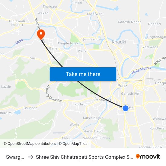 Swargate to Shree Shiv Chhatrapati Sports Complex Stadium map