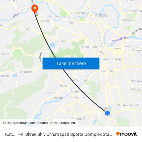 Katraj to Shree Shiv Chhatrapati Sports Complex Stadium map