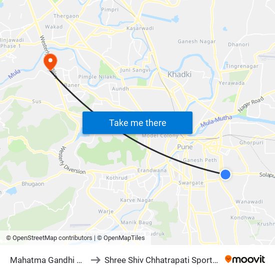 Pulgate to Shree Shiv Chhatrapati Sports Complex Stadium map