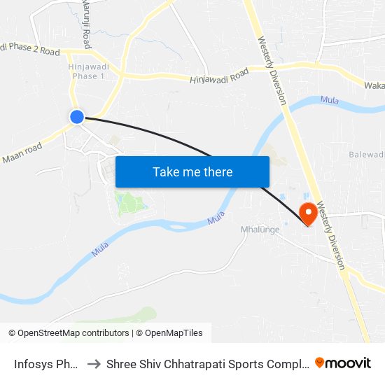 Infosys Phase 1 to Shree Shiv Chhatrapati Sports Complex Stadium map