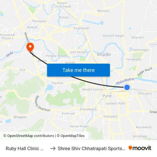 Ruby Hall Clinic to Shree Shiv Chhatrapati Sports Complex Stadium map