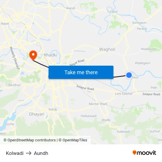 Kolwadi to Aundh map