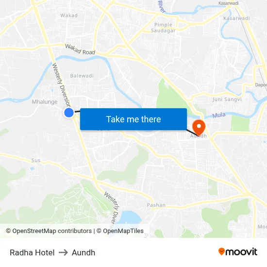 Radha Hotel to Aundh map