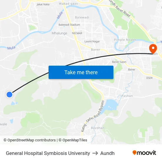 General Hospital Symbiosis University to Aundh map