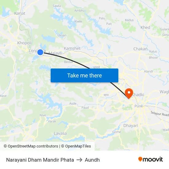Narayani Dham Mandir Phata to Aundh map