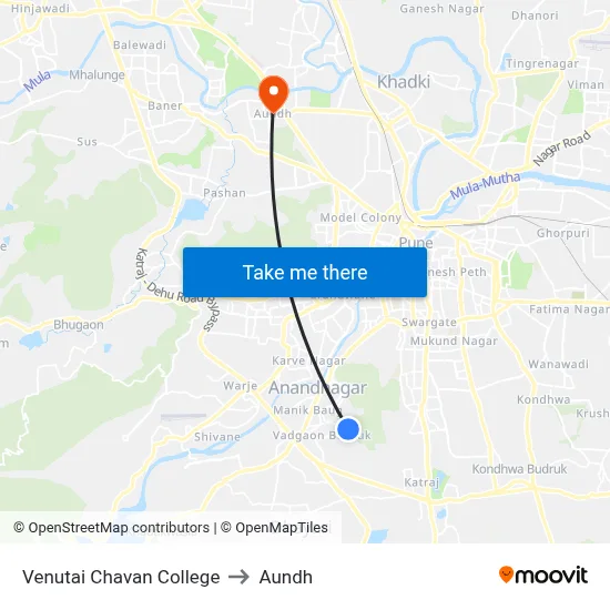 Venutai Chavan College to Aundh map