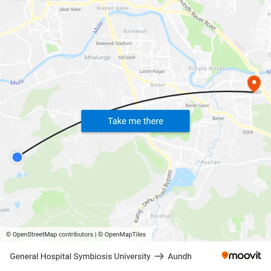 General Hospital Symbiosis University to Aundh map