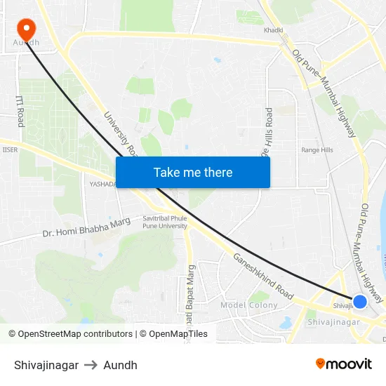 Shivajinagar to Aundh map