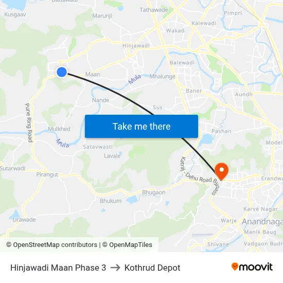 Hinjawadi Maan Phase 3 to Kothrud Depot map