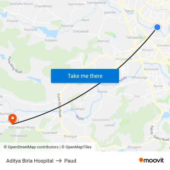 Aditya Birla Hospital to Paud map