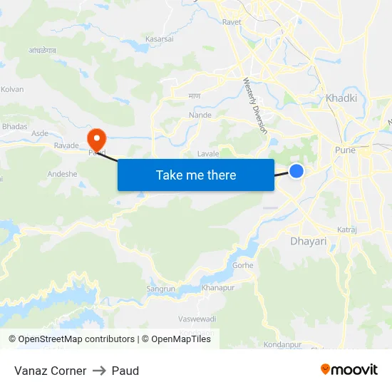 Vanaz Corner to Paud map