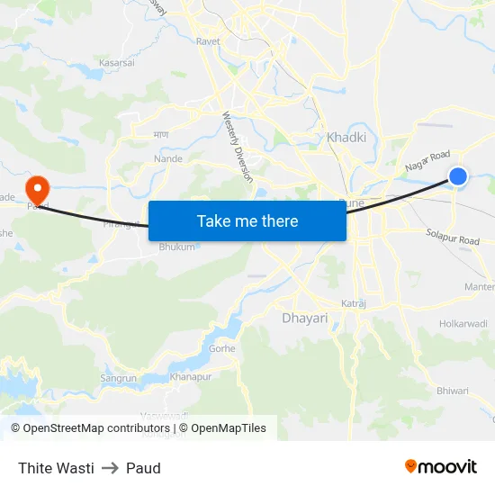 Thite Wasti to Paud map