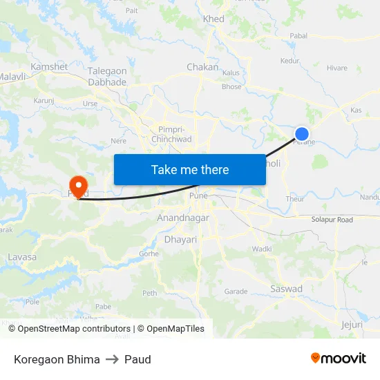 Koregaon Bhima to Paud map