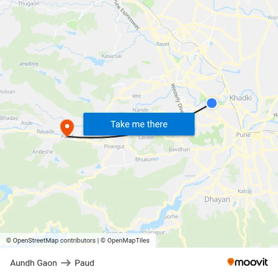 Aundh Gaon to Paud map
