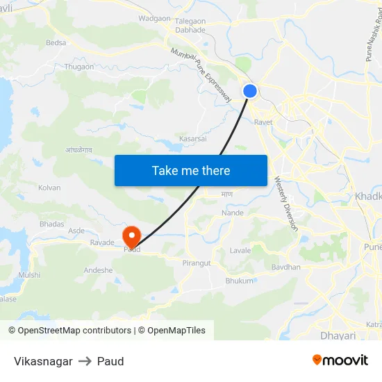 Vikasnagar to Paud map