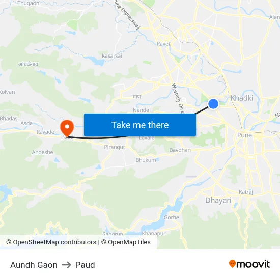 Aundh Gaon to Paud map