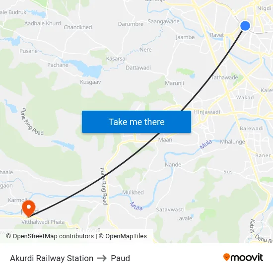 Akurdi Railway Station to Paud map