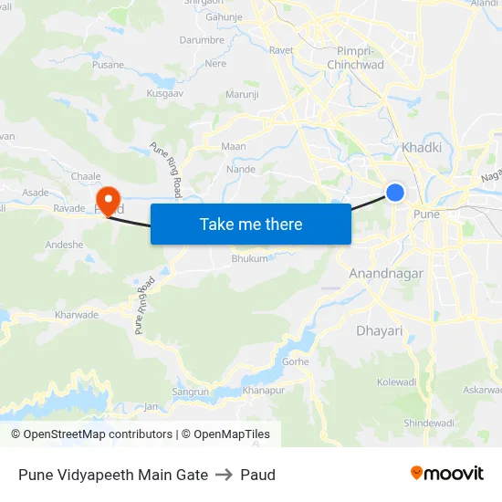 Pune Vidyapeeth Main Gate to Paud map