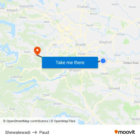 Shewalewadi to Paud map