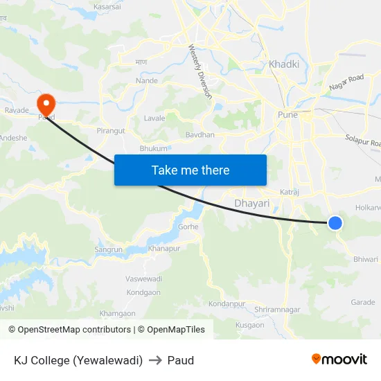 KJ College (Yewalewadi) to Paud map