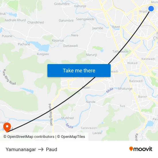 Yamunanagar to Paud map