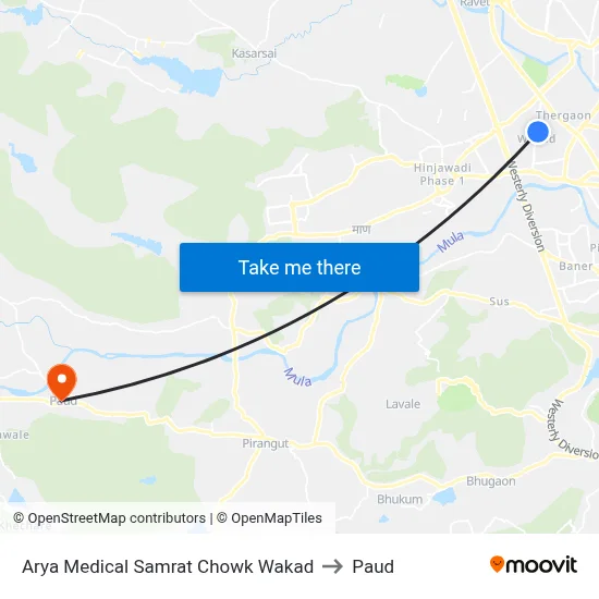 Arya Medical Samrat Chowk Wakad to Paud map