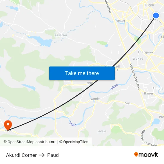 Akurdi Corner to Paud map