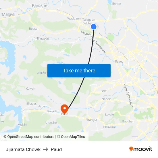 Jijamata Chowk to Paud map