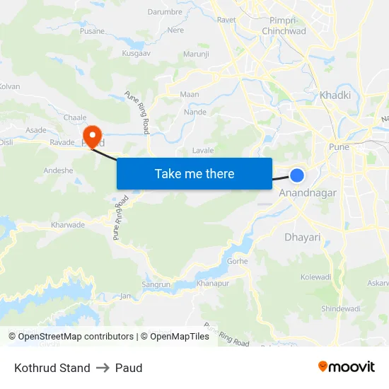 Kothrud Stand to Paud map