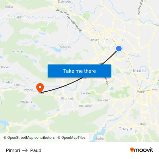 Pimpri to Paud map