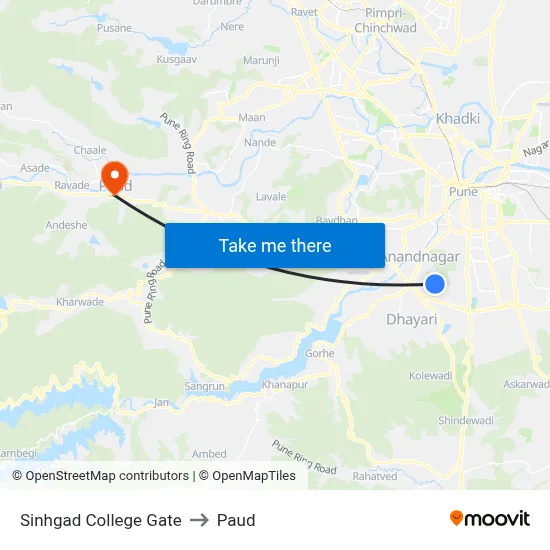 Sinhgad College Gate to Paud map