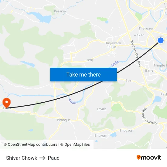 Shivar Chowk to Paud map