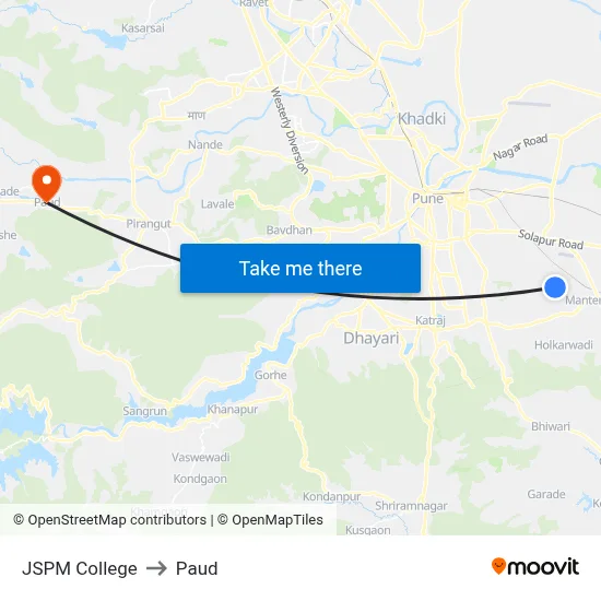 JSPM College to Paud map