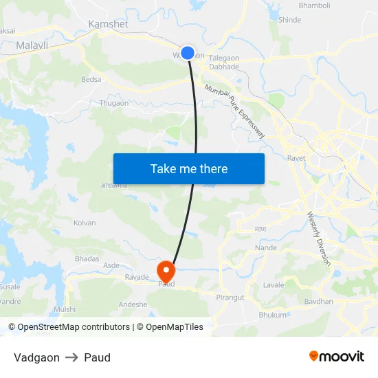 Vadgaon to Paud map