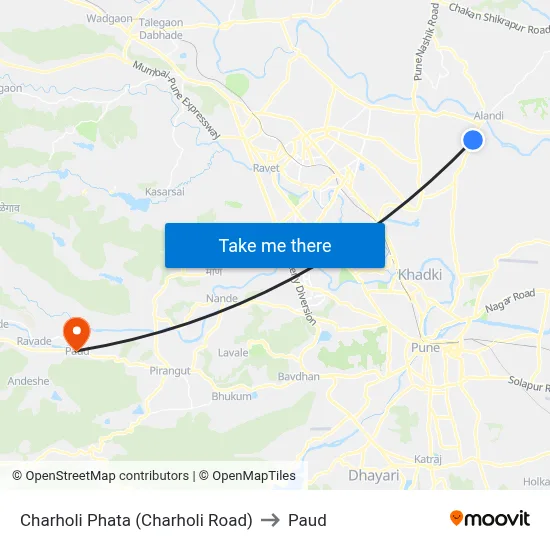 Charholi Phata (Charholi Road) to Paud map
