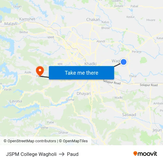 JSPM College Wagholi to Paud map