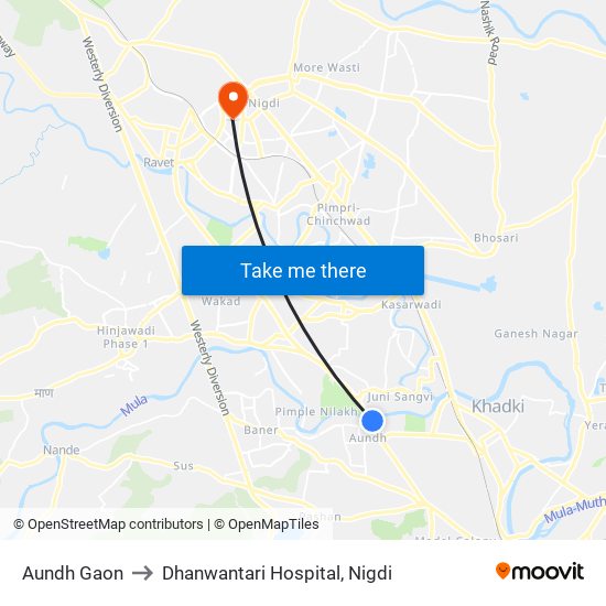 Aundh Gaon to Dhanwantari Hospital, Nigdi map