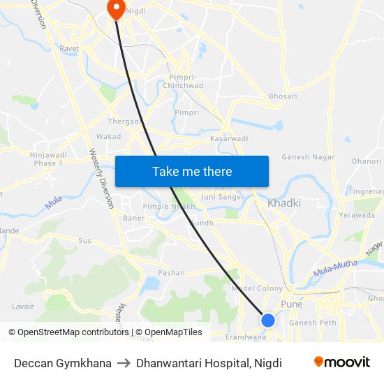 Deccan Gymkhana to Dhanwantari Hospital, Nigdi map