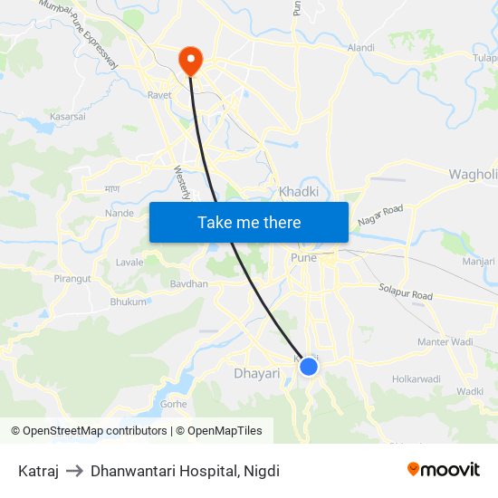 Katraj to Dhanwantari Hospital, Nigdi map