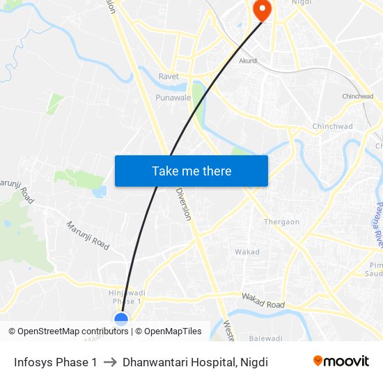 Infosys Phase 1 to Dhanwantari Hospital, Nigdi map